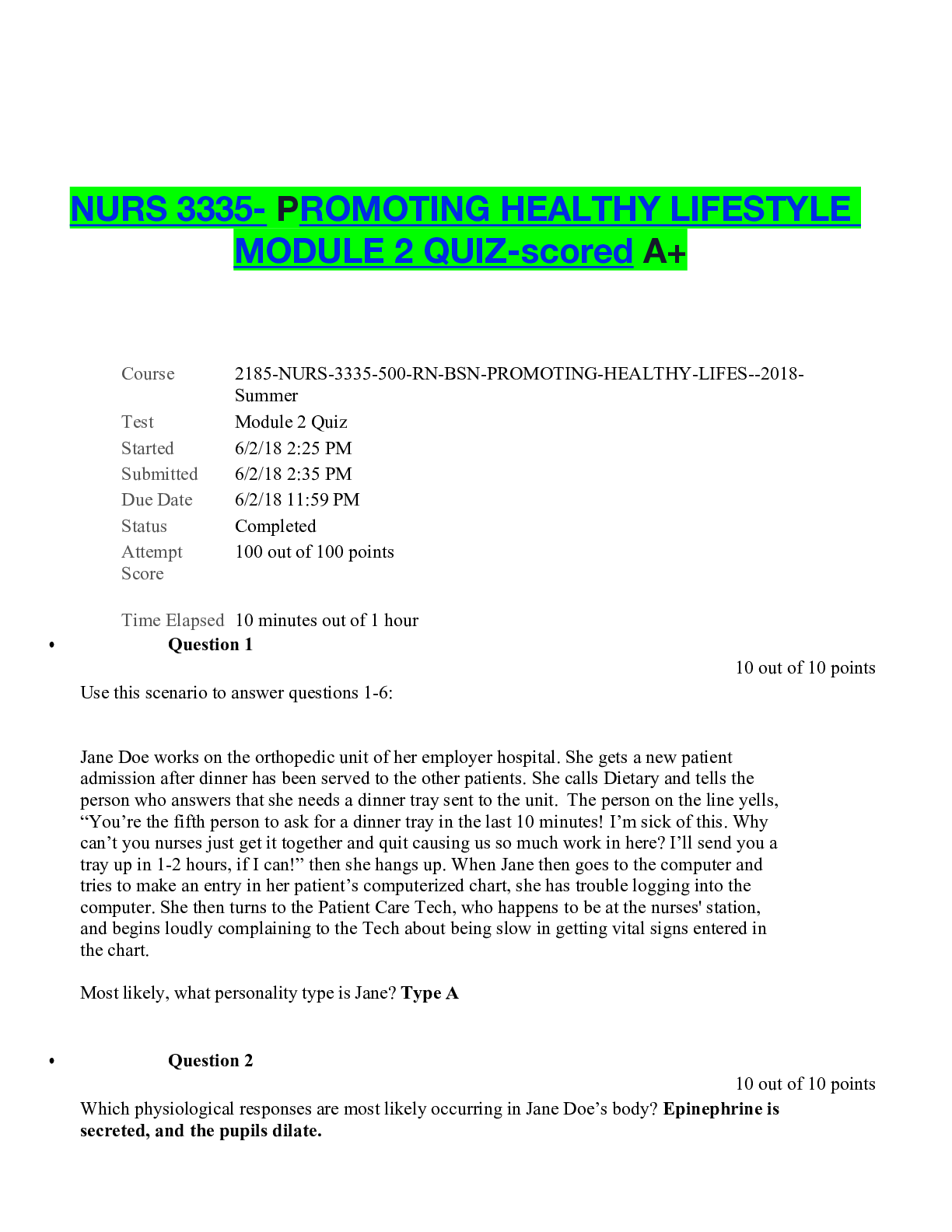 Preview of NURS 3335- PROMOTING HEALTHY LIFESTYLE MODULE 2 QUIZ-scored A+